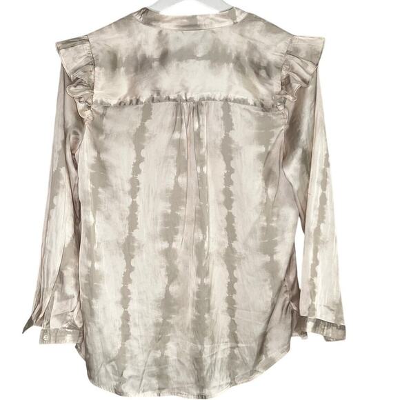 Brochu Walker Tie Dye Long Sleeve Ruffle Trim Button-Front Blouse Gray/White XS - Picture 8 of 9